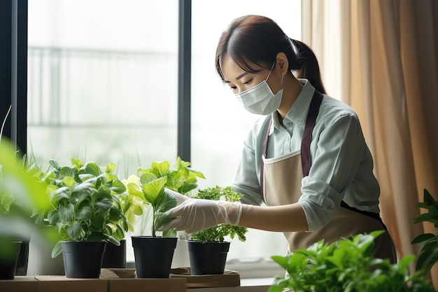 Asiatische junge Frau mit Schürze kümmert sich zu Hause um grüne Zimmerpflanzen
