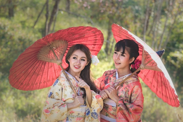 Asiatische junge Frauen, die den traditionellen japanischen Kimono hält roten Regenschirm im Kirschblütenpark tragen.