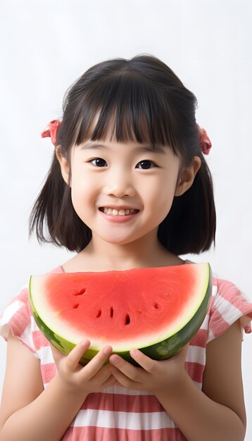 Asiatische Kinder lächeln und halten eine Wassermelone in der Hand und schauen isoliert auf weiß in die Kamera