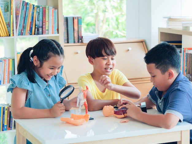 Asiatische Kindergruppe fröhlich im Biologieunterricht. Home School-Konzept.