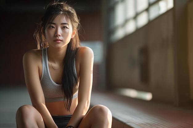 Asiatische Läuferin macht nach dem Training eine Pause