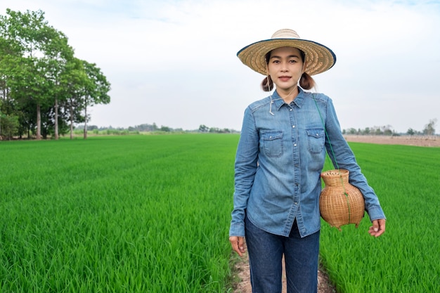 Asiatische Landwirtin im Reisfeld