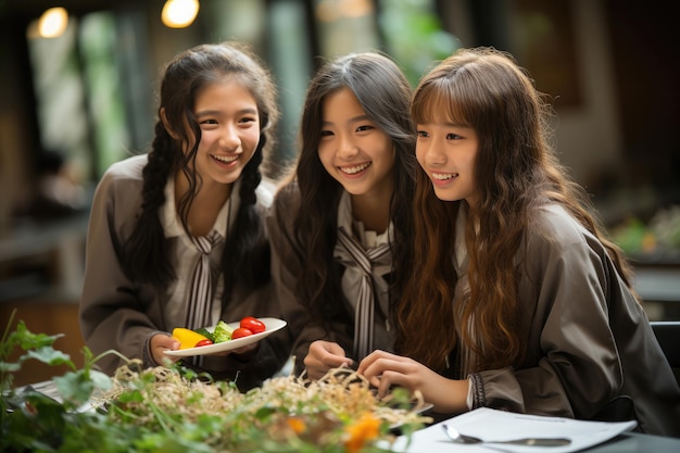 Asiatische Mädchen, die in einem Restaurant zu Mittag essen