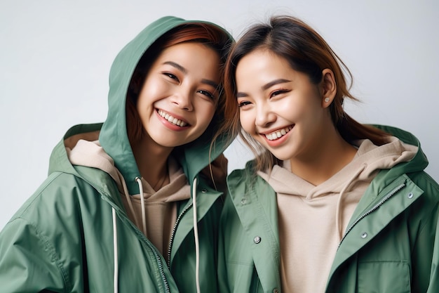 Asiatische Mädchen im Teenageralter lächeln schön und freuen sich, ihre Freundin auf weißem Hintergrund zu treffen. Generieren Sie Ai