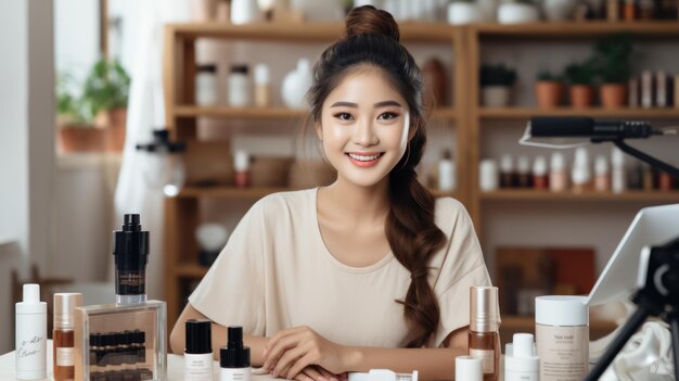 Asiatische Make-up-Künstlerin, professionelle Bloggerin und Vloggerin, die Kosmetikprodukte mit Videoaufzeichnung zeigt. Beauty-Influencer-Video eines asiatischen Mädchens