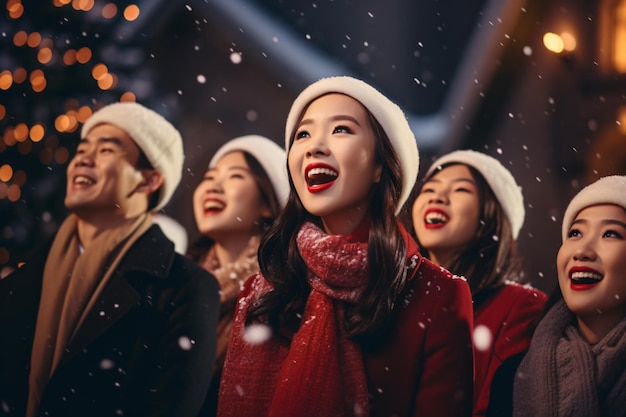 Asiatische Menschen singen am Weihnachtstag im Winter vor einer Kirche