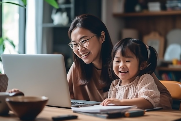 Asiatische Mutter und Tochter haben gemeinsam Spaß bei der Arbeit zu Hause