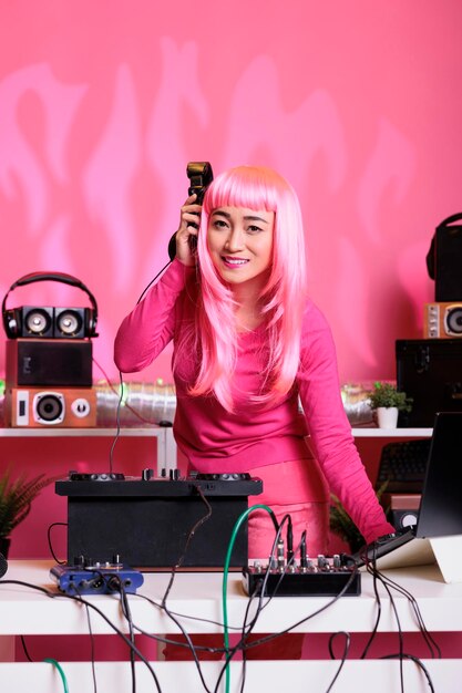 Asiatische Performer tanzen, während sie Techno-Musik an professionellen Turntables spielen, während sie nachts im Club Spaß mit Fans haben. DJ-Künstler, der Lied mit professioneller Audioausrüstung aufführt