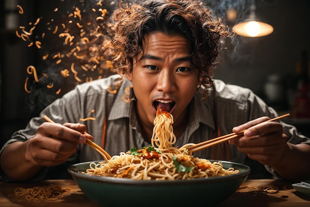 Foto asiatische ramen-nudeln der vorderansicht auf stäbchen auf dunklem tisch angehoben