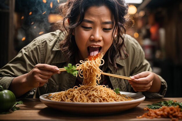 Foto asiatische ramen-nudeln der vorderansicht auf stäbchen auf dunklem tisch angehoben