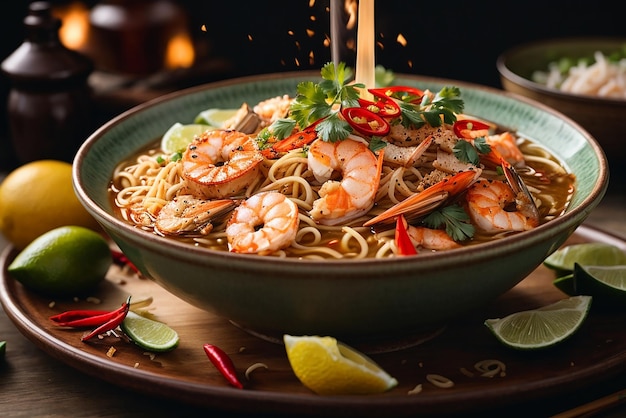 Asiatische Ramen-Nudeln der Vorderansicht auf Stäbchen auf dunklem Tisch angehoben