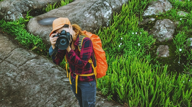 Asiatische Reise-Natur der Frau. Reise entspannen. Wandern Sie den Pfad Natur im Wald