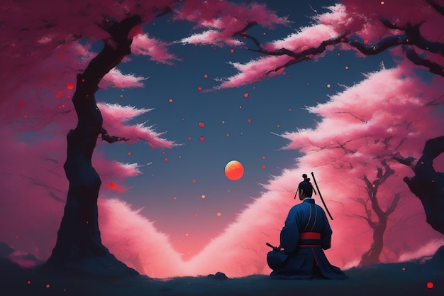 Asiatische Samurai sitzen inmitten von Sakura-Bäumen