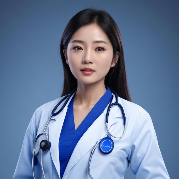 Asiatische schöne Frauen-Ärztin trägt blaue Arztuniform
