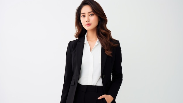 Asiatische schöne Geschäftsfrau, die einen Anzug mit charmantem minimalistischem Hintergrund trägt