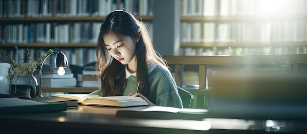Asiatische Studentin studiert und schreibt in der Bibliothek