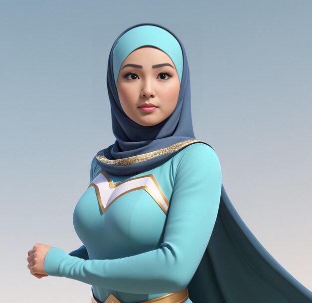 Asiatische Superheldinnen tragen einen Hijab und stehen und schauen in den Himmel.