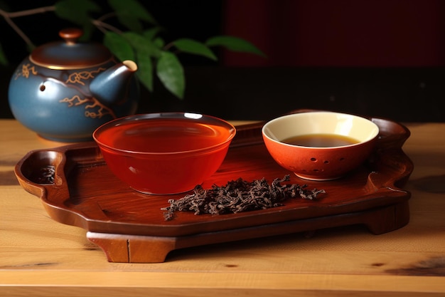 Asiatische Teezeremonie Nahaufnahme der Teekanne Da Hong Pao Chinesische Teeblätter und Heißgetränk in Tassen auf Holzbrett Generative KI