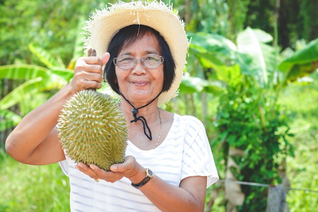 Asiatische weibliche ältere Landwirte, welche die Hüte, 1 Durianfrüchte halten tragen