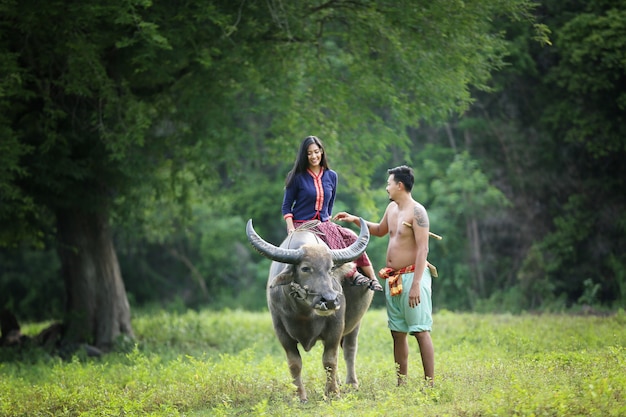 Asiatischer Bauer, der auf einem Büffel und Mann im Feld sitzt