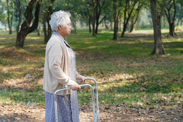 Asiatischer geduldiger Weg der älteren Frau mit Wanderer im Park.