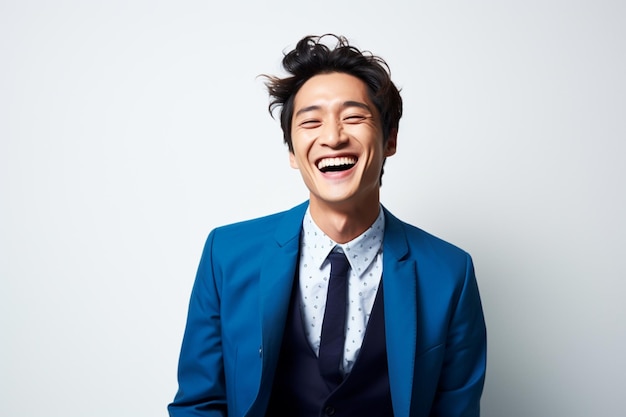 Asiatischer Geschäftsmann, der blauen Anzug trägt und lacht