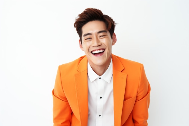 Asiatischer Geschäftsmann, der im orangefarbenen Anzug lacht
