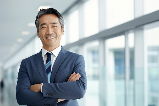 Asiatischer Geschäftsmann mittleren Alters im blauen Anzug mit glücklichem Gesichtsausdruck