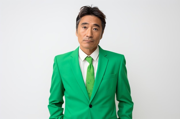 Asiatischer Geschäftsmann mittleren Alters im grünen Anzug mit wütendem Gesichtsausdruck