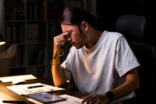 Foto asiatischer grafikdesigner arbeitet an computerzeichnungen und skizziert logodesign. junger asiatischer geschäftsmann sieht ernst und gestresst aus, während er von zu hause aus mit einem laptop arbeitet