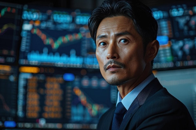 Asiatischer Händler in Anzug auf dem Hintergrund riesiger Monitore mit Diagrammen