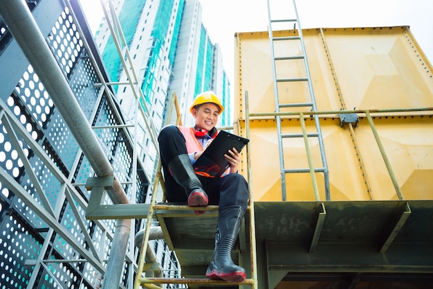 Asiatischer indonesischer Bauarbeiter auf Baustelle