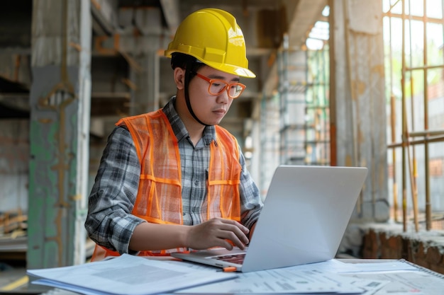 Asiatischer Ingenieur-Architekt in Sicherheitsbekleidung auf der Baustelle Ingenieurbau