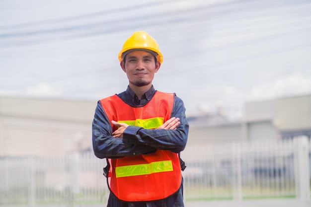 Asiatischer Ingenieur Bau zuversichtlich vor Ort Bau- und Vermessungs-Bauarchitekt von Bauunternehmen mit Schutzhelm-Fabrik-Hintergrund
