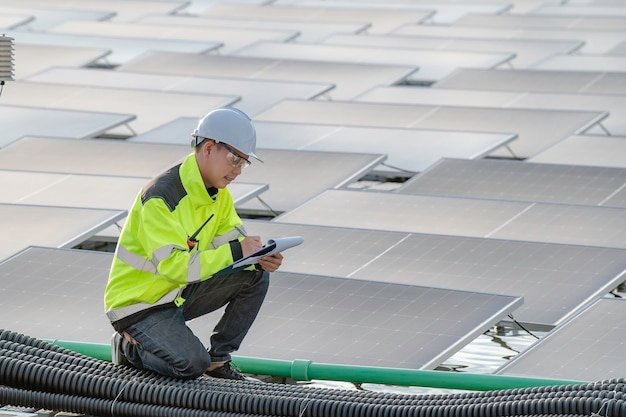 Asiatischer Ingenieur, der an einem schwimmenden Solarkraftwerk arbeitet