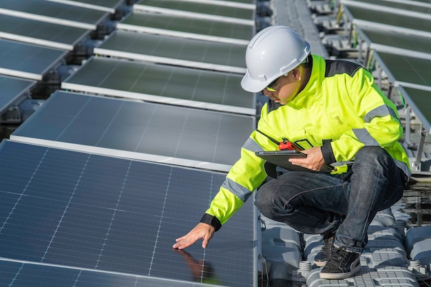 Asiatischer Ingenieur, der an einem schwimmenden Solarkraftwerk arbeitet