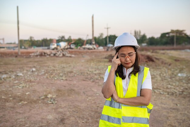 Asiatischer Ingenieur, der auf der Baustelle eines großen Bauprojekts arbeitetThailänderÜberstunden auf der Baustelle