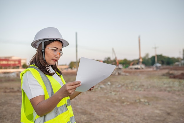 Asiatischer Ingenieur, der auf der Baustelle eines großen Bauprojekts arbeitetThailänderÜberstunden auf der Baustelle