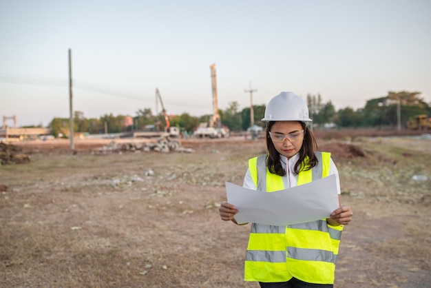 Asiatischer Ingenieur, der auf der Baustelle eines großen Bauprojekts arbeitetThailänderÜberstunden auf der Baustelle