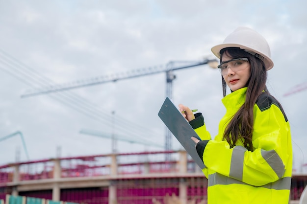 Asiatischer Ingenieur, der auf der Baustelle eines großen Bauprojekts arbeitetThailänderÜberstunden auf der Baustelle