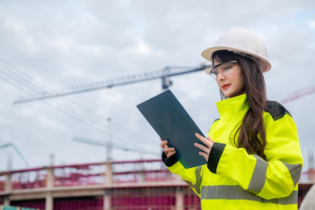 Asiatischer Ingenieur, der auf der Baustelle eines großen Bauprojekts arbeitetThailänderÜberstunden auf der Baustelle