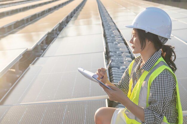 Asiatischer Ingenieur, der auf einem schwimmenden Solarpark arbeitet