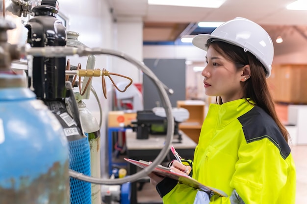 Asiatischer Ingenieur, der in der Operationshalle arbeitetThailänder tragen Helmarbeiten Er arbeitete mit Fleiß und Geduld, sie überprüfte den Ventilregler am Wasserstofftank