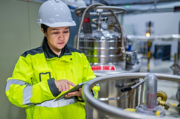 Asiatischer Ingenieur, der in der Operationshalle arbeitetThailänder tragen Helmarbeiten Er arbeitete mit Fleiß und Geduld, sie überprüfte den Ventilregler am Wasserstofftank