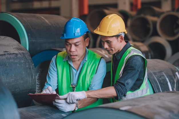 Asiatischer Ingenieur-Fabrikleiter und Mechaniker-Angestellter in Sicherheitshelmgesprächen und -inspektion in der Fabrik