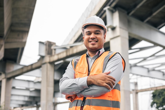 Asiatischer Ingenieur, gutaussehender Mann oder Architekt, der auf der Baustelle mit weißem Schutzhelm auf der Baustelle steht