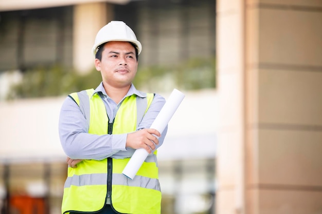 Asiatischer Ingenieur, gutaussehender Mann oder Architekt, der nach vorne schaut und einen Papierkram-Plan in der Hand hält