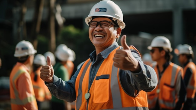 Asiatischer Ingenieur, gutaussehender Mann oder Architekt, der sich mit weißem Schutzhelm im Bauwesen freut