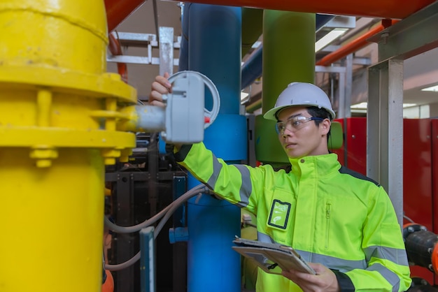 Asiatischer Ingenieur mit Brille, der im Heizraum arbeitet und die technischen Daten der Heizungsanlagen überprüft