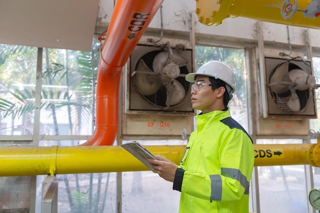 Asiatischer Ingenieur mit Brille, der im Heizraum arbeitet und die technischen Daten der Heizungsanlagen überprüft